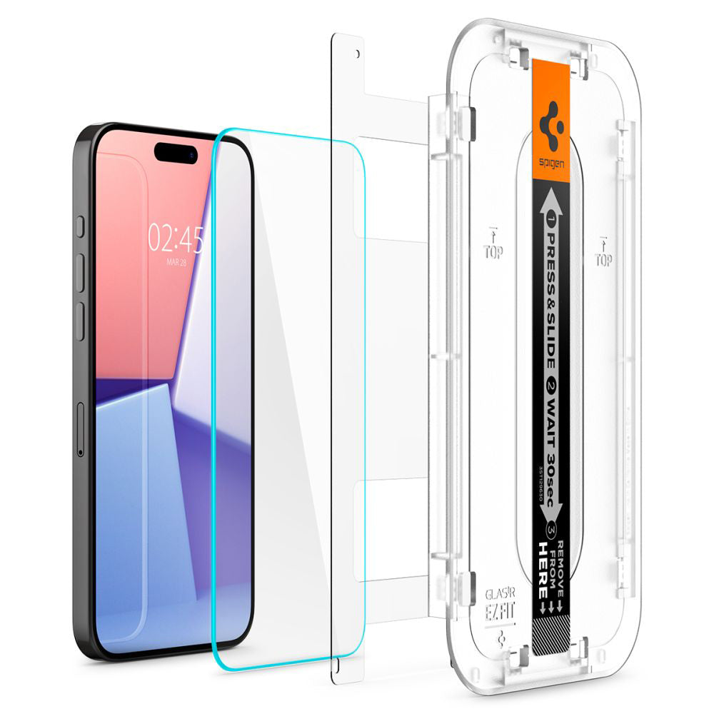 Folia ochronna na ekran Spigen GlastR EZ FIT dla Apple iPhone 15 Pro Max, Szkło Hartowane, Pełne Klejenie, Zestaw 2 sztuki AGL06872