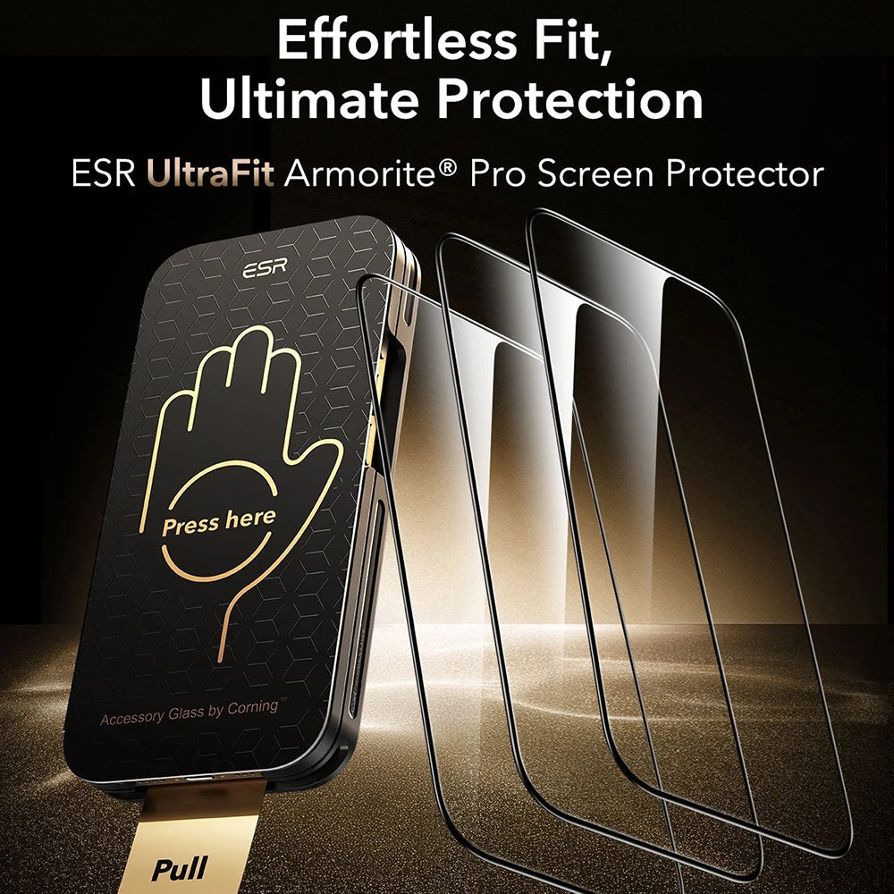 Folia ochronna ESR Corning UltraFit na ekran dla Apple iPhone 17 / 16 Pro, Szkło Hartowane, Pełne Przyklejenie, Zestaw 3 sztuki, Czarna