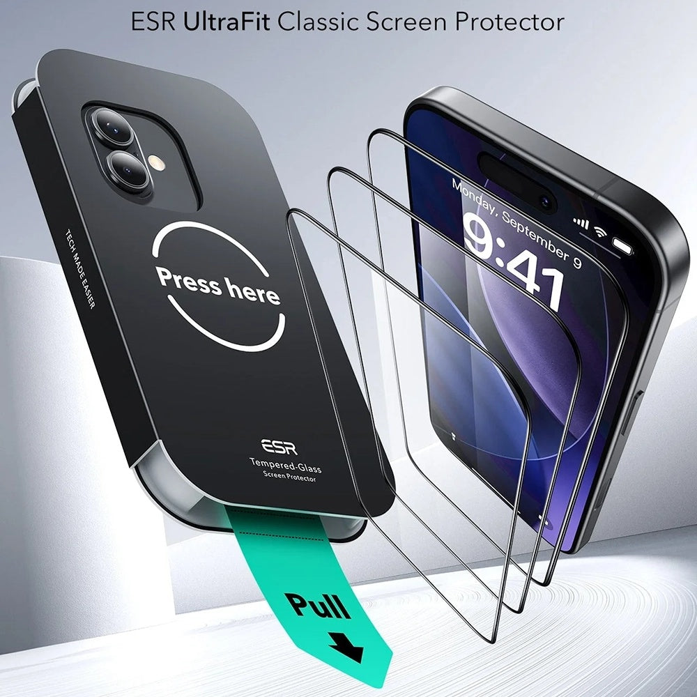 Folia ochronna ESR UltraFit na ekran dla Apple iPhone 17 / 16 Pro, Hartowane szkło, Pełne klejenie, Zestaw 3 sztuki