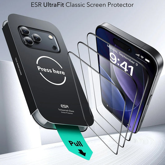 Folia ochronna ESR UltraFit na ekran dla Apple iPhone 17 Pro, Hartowane szkło, Pełne klejenie, Zestaw 3 sztuki