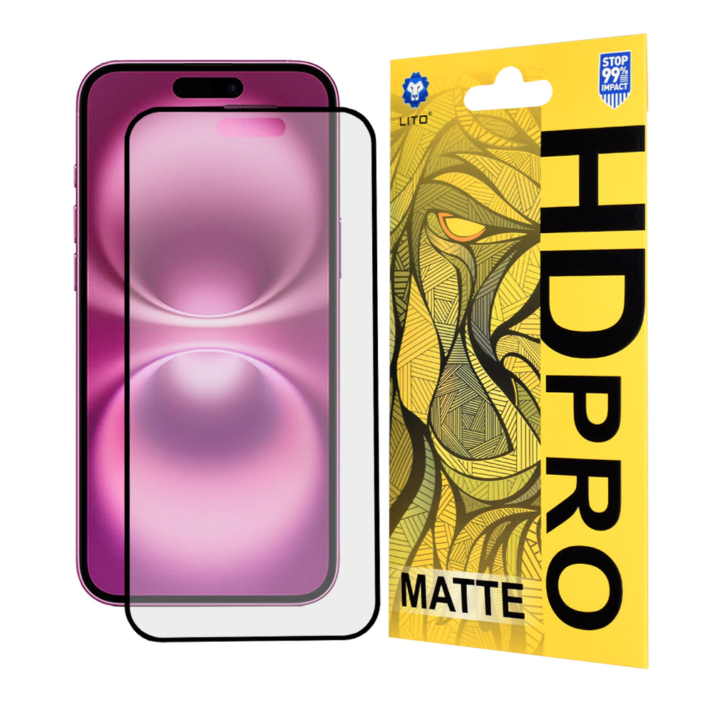 Matowa folia ochronna na ekran Lito HD Pro do Apple iPhone 16 Plus, szkło hartowane, pełna klej, czarna