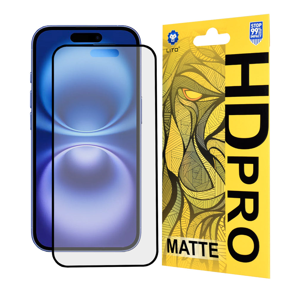 Matowa folia ochronna na ekran Lito HD Pro do Apple iPhone 16, szkło hartowane, pełna klej, czarna