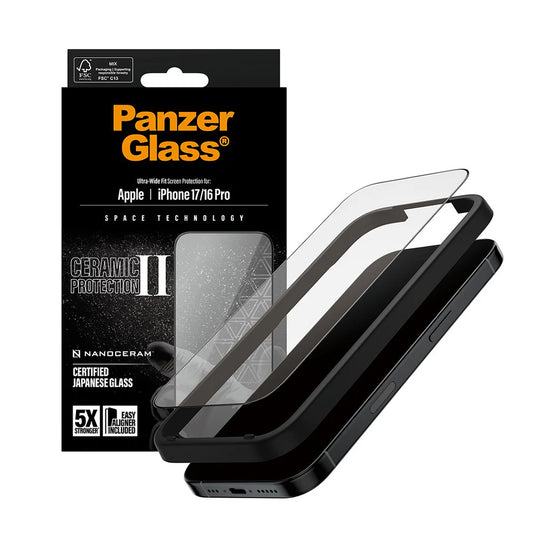 Folia ochronna do ekranu PanzerGlass Ultra-Wide Ceramic II EasyAligner dla Apple iPhone 17 / 16 Pro, Hartowane szkło, Pełne klejenie, Czarna