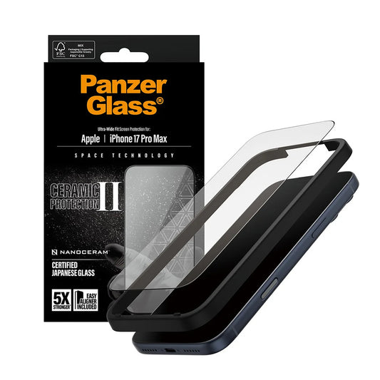 Folia ochronna do ekranu PanzerGlass Ultra-Wide Ceramic II EasyAligner dla Apple iPhone 17 Pro Max, Szkło Hartowane, Pełne Klejenie, Czarna