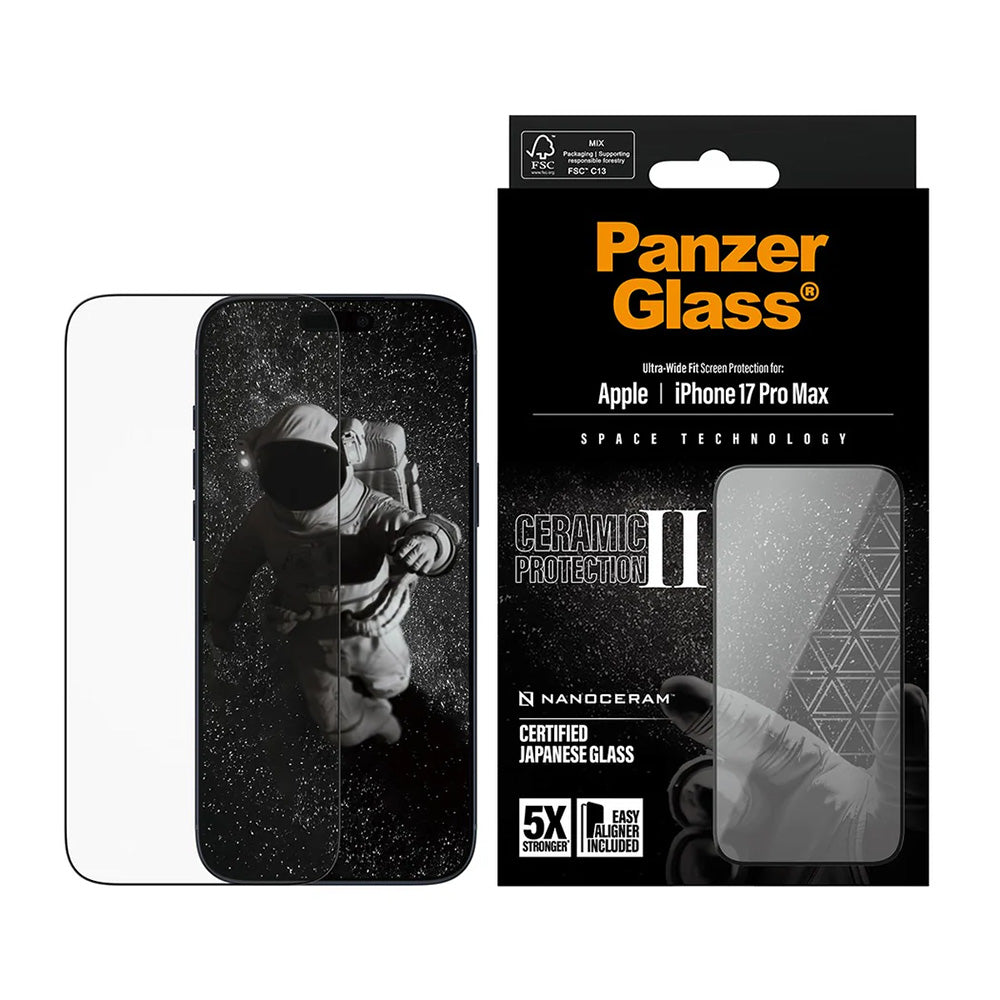PanzerGlass Ultra-Wide Ceramic II EasyAligner Screen Protector for Apple iPhone 17 Pro Max, Tempered Glass, Full Glue, Black