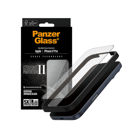 Folia ochronna do ekranu PanzerGlass Ultra-Wide Ceramic II EasyAligner dla Apple iPhone 17 Pro, Szkło Hartowane, Pełne Klejenie, Czarna