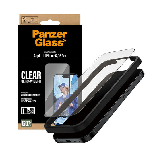 Folia ochronna do ekranu PanzerGlass Ultra-Wide Fit EasyAligner dla Apple iPhone 17 / 16 Pro, Hartowane szkło, Pełne klejenie, Czarna