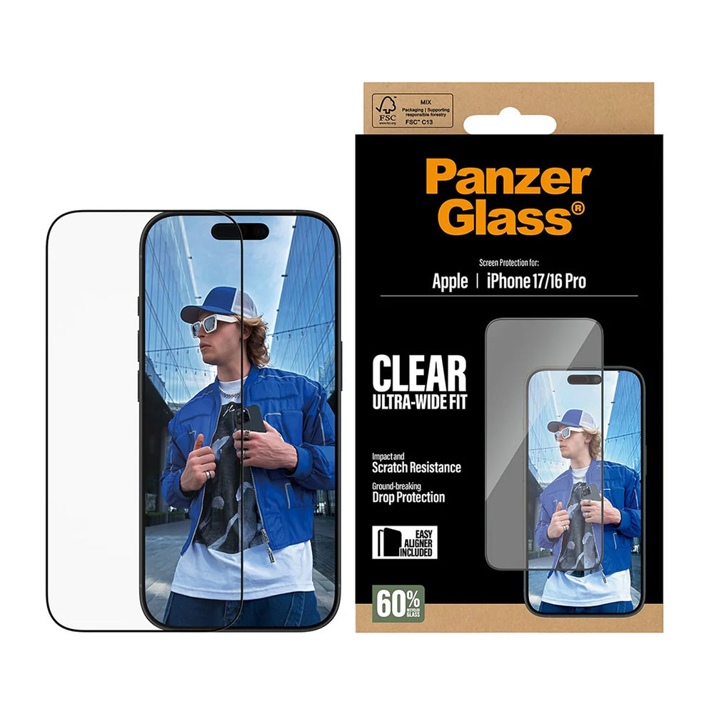 Folia ochronna do ekranu PanzerGlass Ultra-Wide Fit EasyAligner dla Apple iPhone 17 / 16 Pro, Hartowane szkło, Pełne klejenie, Czarna