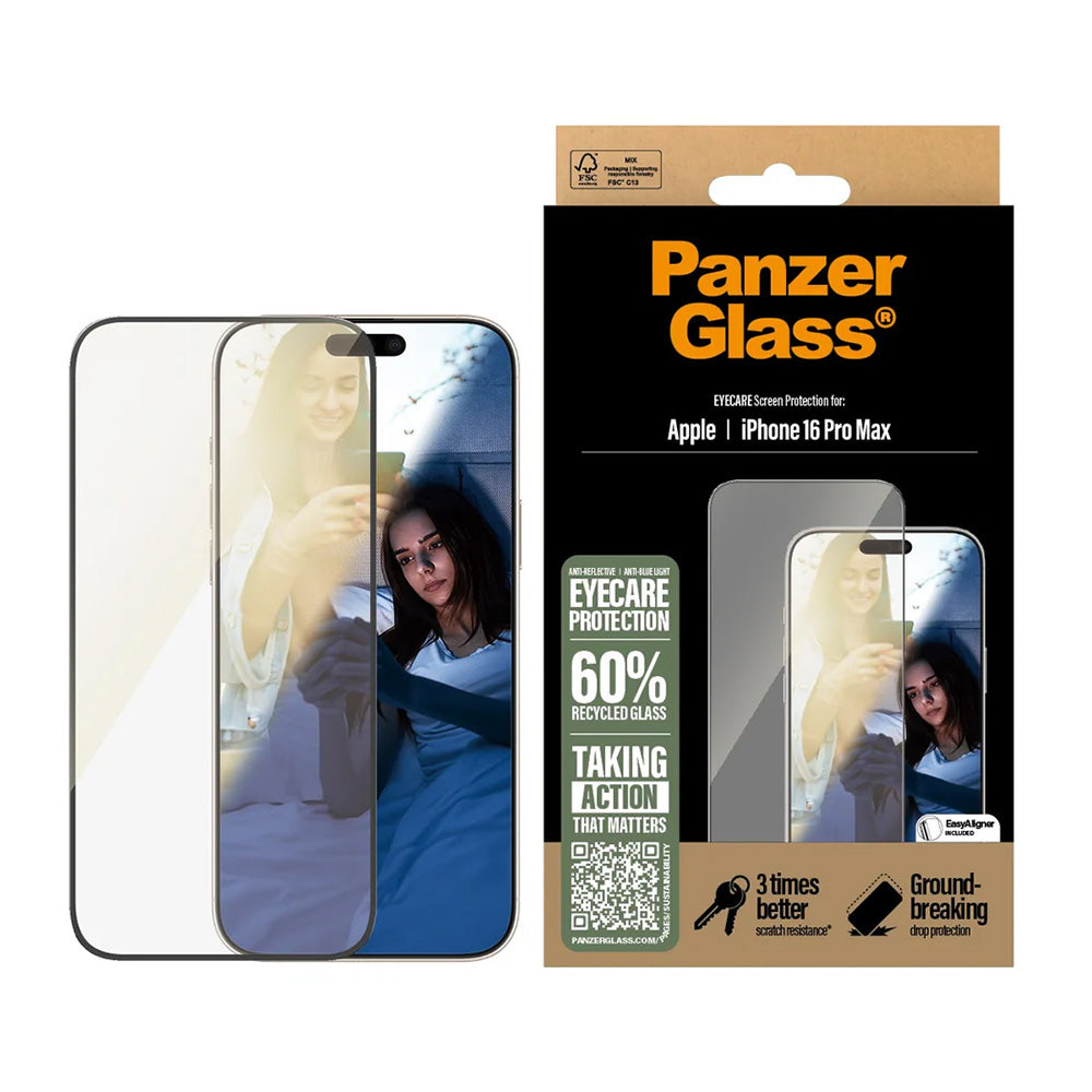 Folia ochronna do ekranu PanzerGlass Ultra-Wide Fit EyeCare dla Apple iPhone 16 Pro Max, Szkło Hartowane, Pełne Klejenie, Czarna