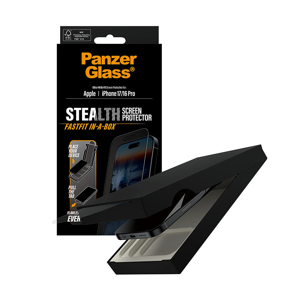 Folia ochronna do ekranu PanzerGlass Ultra-Wide Fit Stealth Fastfit dla Apple iPhone 17 / 16 Pro, Hartowane szkło, Pełne klejenie, Czarna