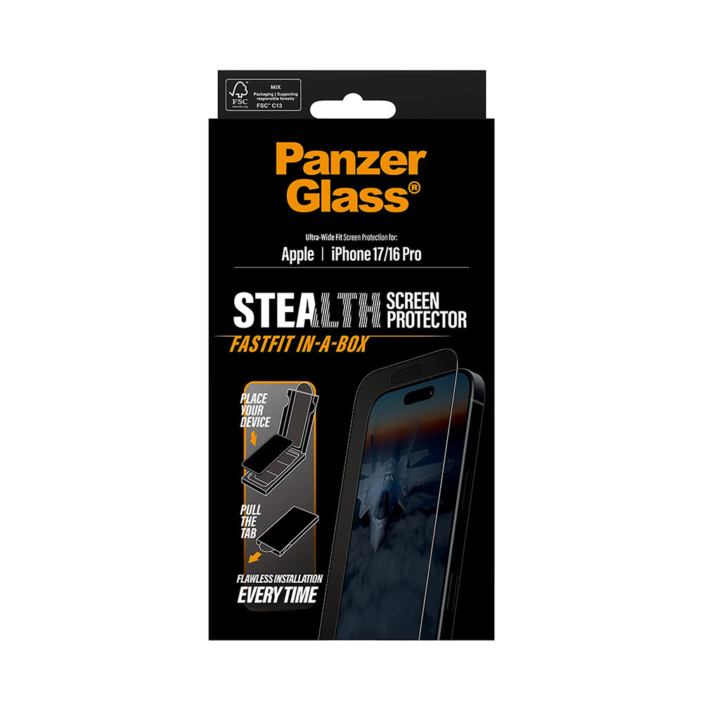 Folia ochronna do ekranu PanzerGlass Ultra-Wide Fit Stealth Fastfit dla Apple iPhone 17 / 16 Pro, Hartowane szkło, Pełne klejenie, Czarna