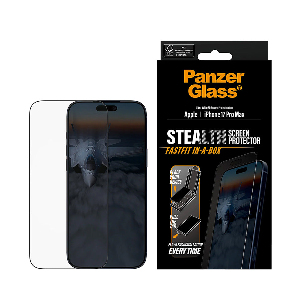Folia ochronna do ekranu PanzerGlass Ultra-Wide Fit Stealth Fastfit dla Apple iPhone 17 Pro Max, Szkło Hartowane, Pełne Klejenie, Czarna