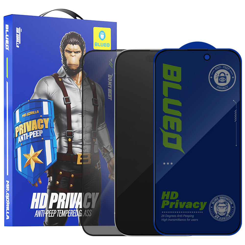Folia ochronna na ekran Privacy Blueo Anti-Peep dla Apple iPhone 16 / 15, szkło hartowane, pełna klejność