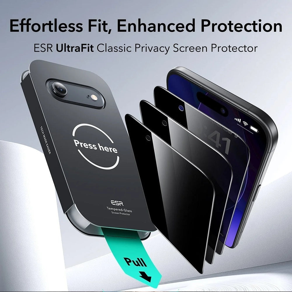 Folia ochronna Ecran Privacy ESR UltraFit dla Apple iPhone 17 Air, Hartowane szkło, Pełne klejenie, Zestaw 3 sztuki