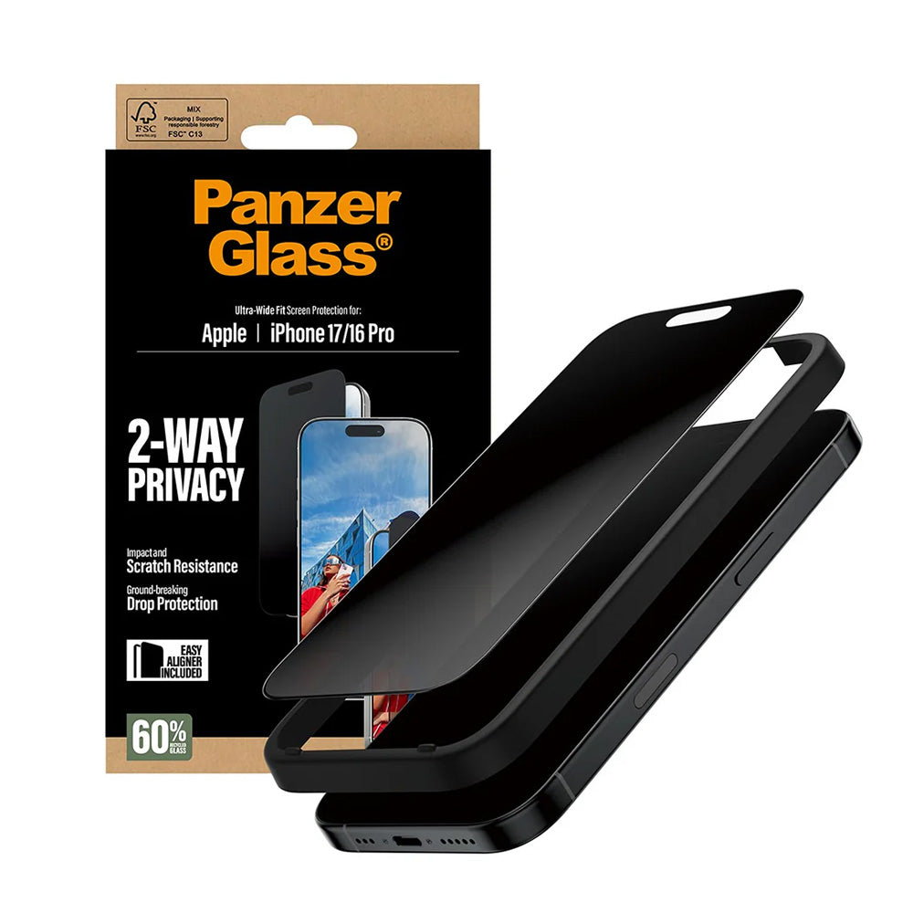 Folia ochronna do ekranu Privacy PanzerGlass Ultra-Wide Fit 2-Way EasyAligner dla Apple iPhone 17 / 16 Pro, Szkło Hartowane, Pełne Klejenie
