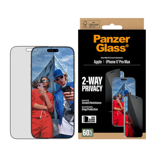 Folia ochronna do ekranu Privacy PanzerGlass Ultra-Wide Fit 2-Way EasyAligner dla Apple iPhone 17 Pro Max, Szkło Hartowane, Pełne Klejenie