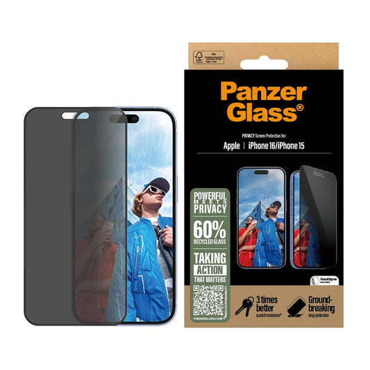 Folia ochronna do ekranu Privacy PanzerGlass Ultra-Wide Fit EasyAligner dla Apple iPhone 16 / 15, Szkło Hartowane, Pełne Klejenie