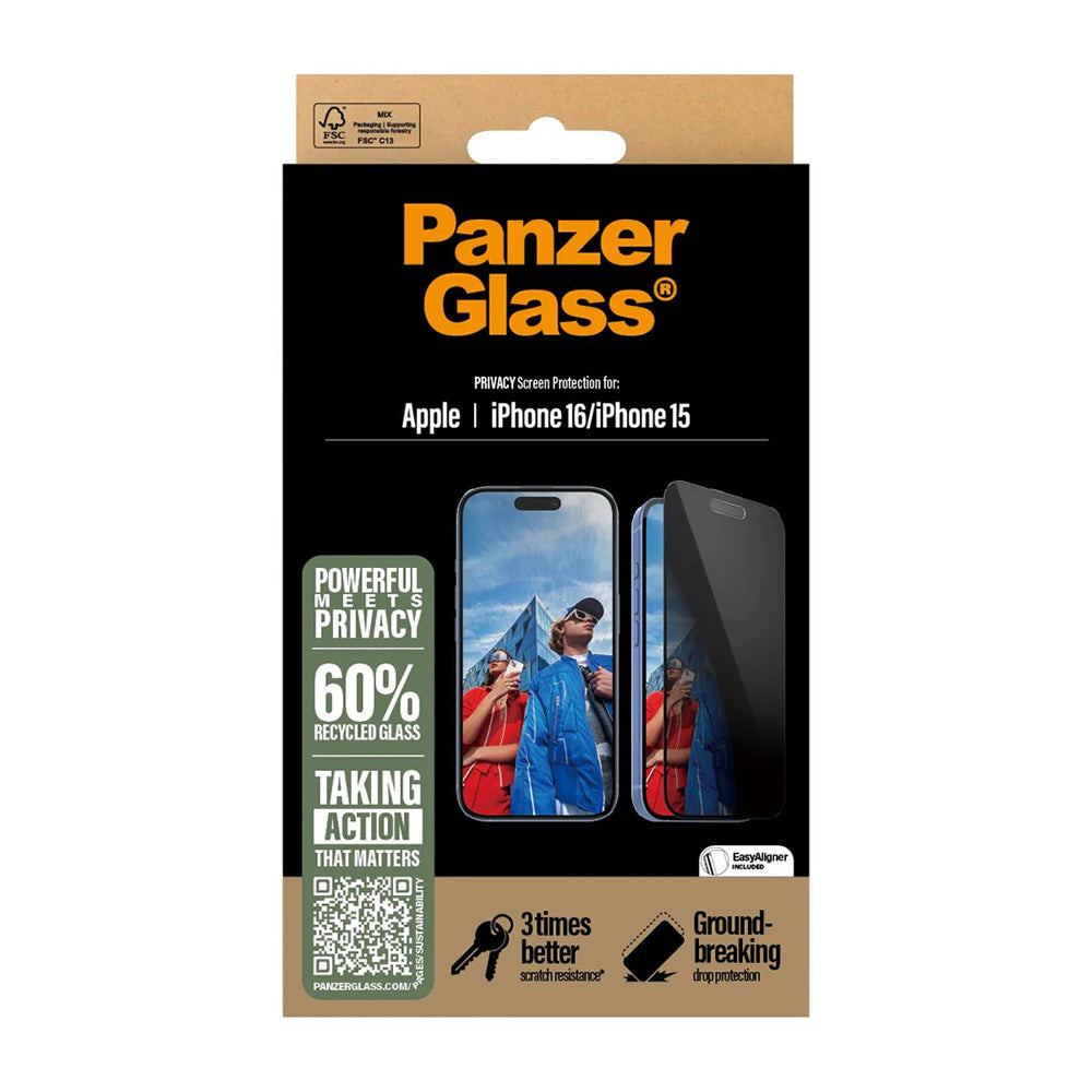 Folia ochronna do ekranu Privacy PanzerGlass Ultra-Wide Fit EasyAligner dla Apple iPhone 16 / 15, Szkło Hartowane, Pełne Klejenie