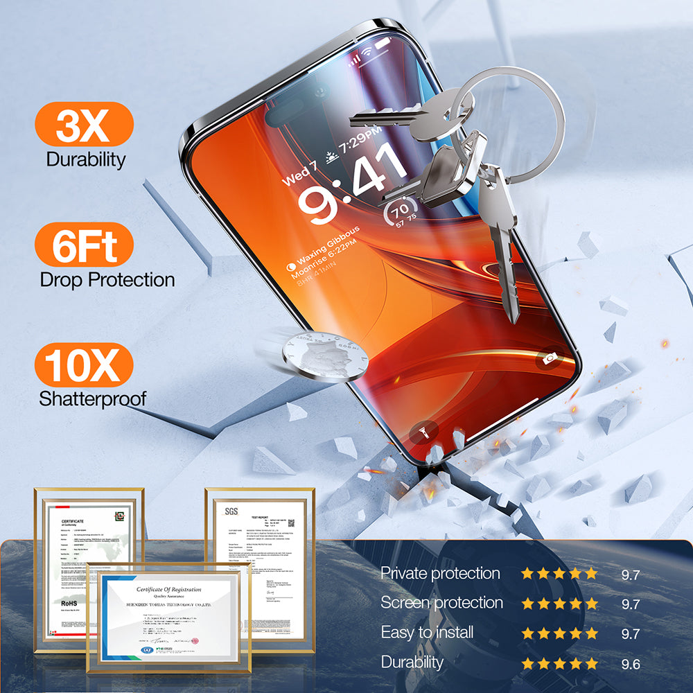 Folia ochronna do ekranu Privacy Torras GlassGo Epic dla Apple iPhone 15 Pro Max, Hartowane szkło, Pełne klejenie