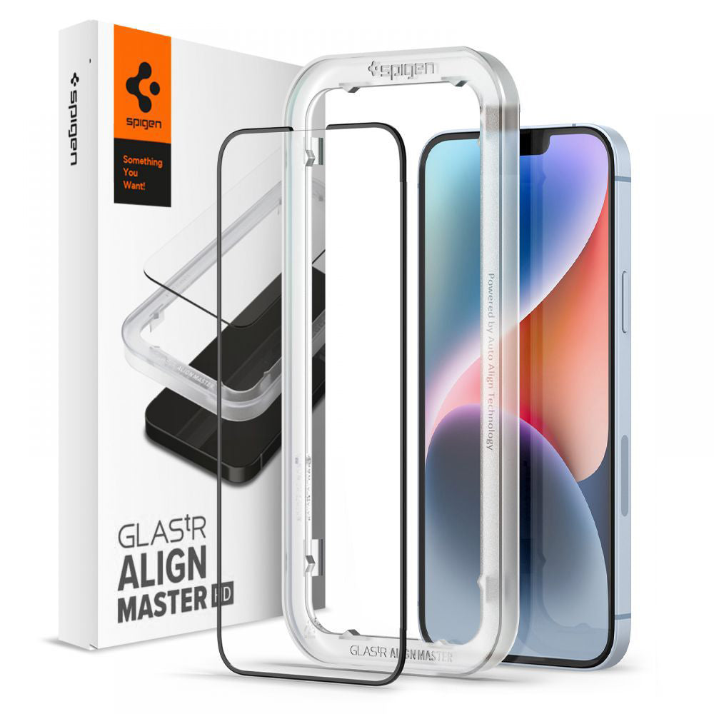 Folia ochronna na ekran Spigen GlastR Align Master dla Apple iPhone 17e / 16e / 14 / 13 Pro, Hartowane szkło, Pełne klejenie, Czarna AGL03725