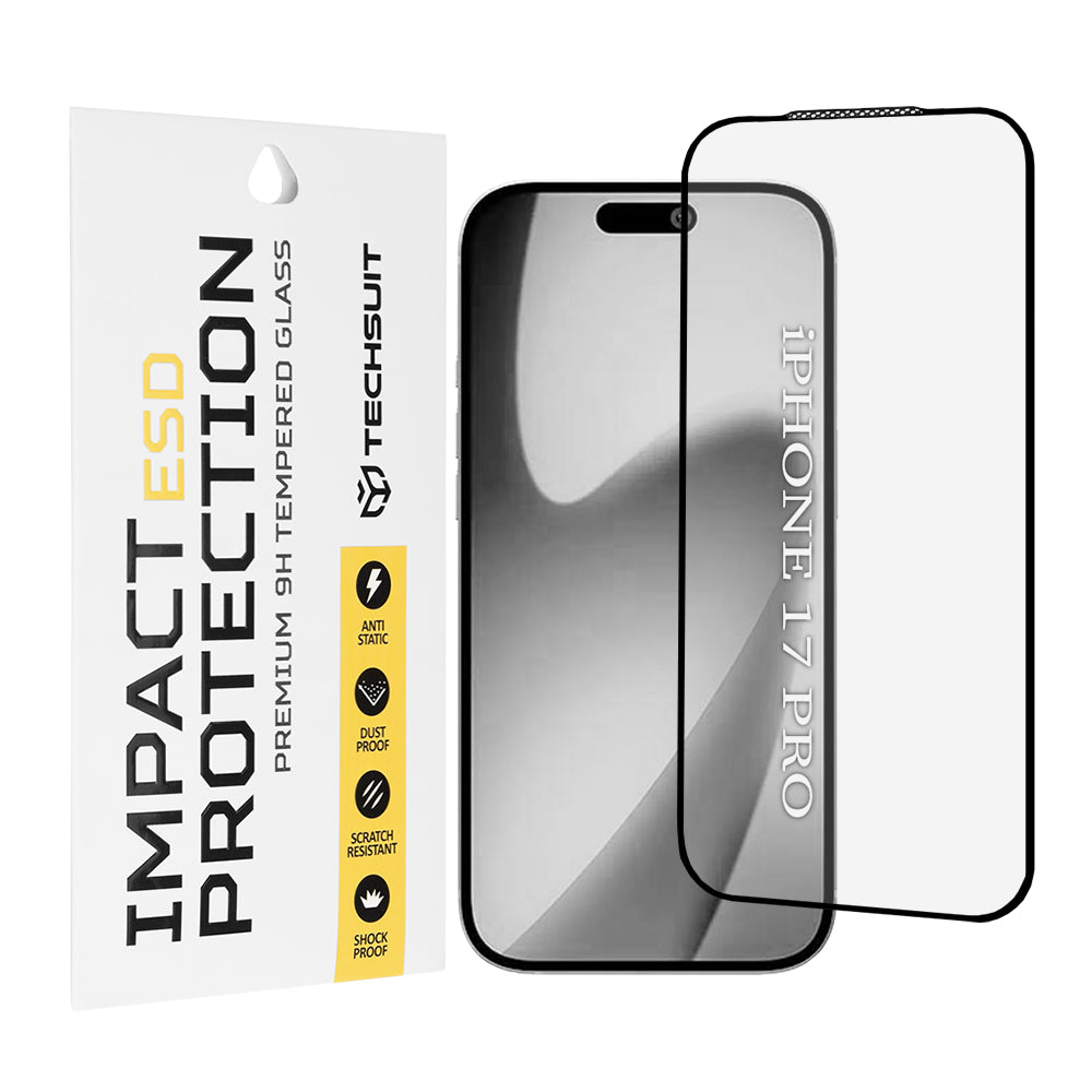 Folia ochronna Techsuit na ekran dla Apple iPhone 17 Pro, Hartowane szkło, Pełne klejenie, Czarna