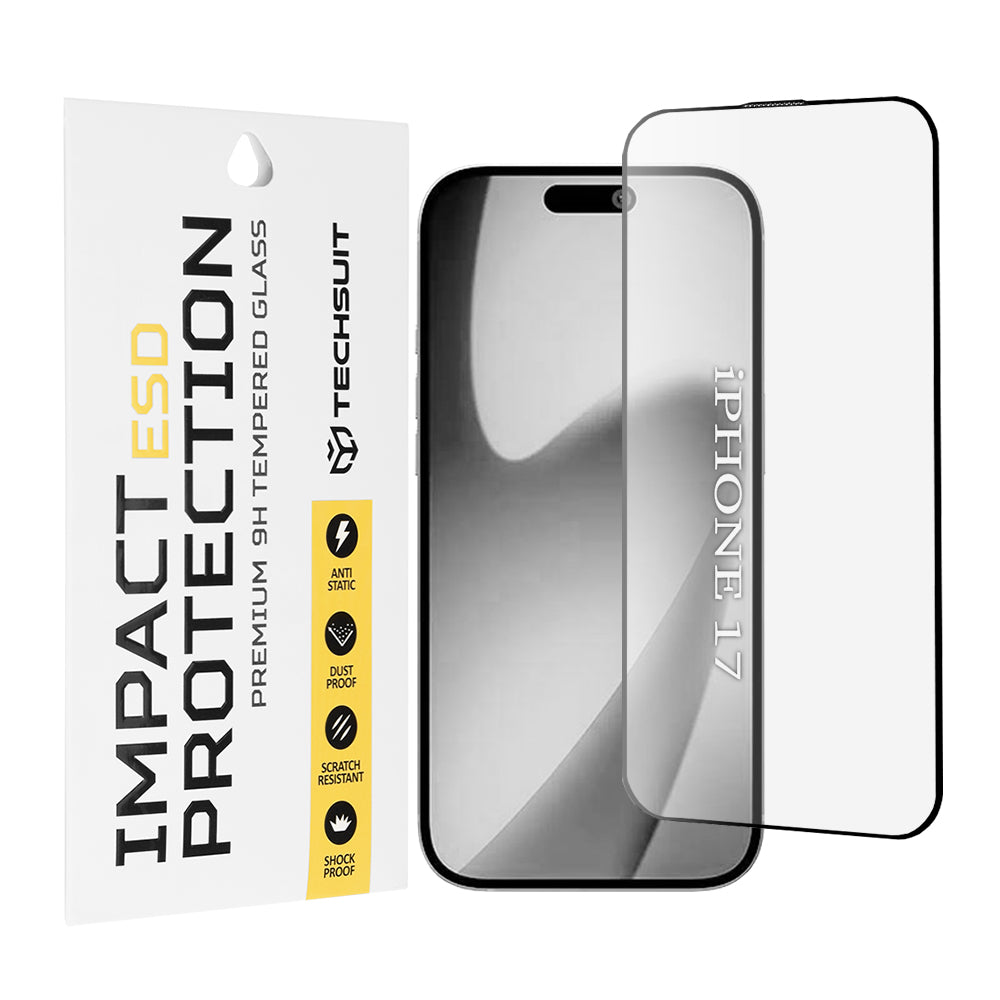 Folia ochronna Techsuit na ekran dla Apple iPhone 17, Hartowane szkło, Pełne klejenie, Czarna