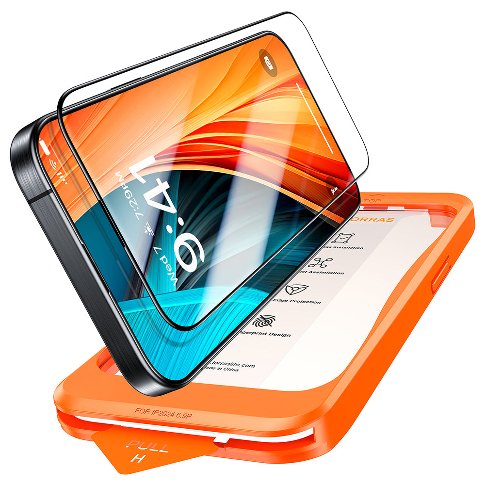Folia ochronna na ekran Torras GlassGo Install Master dla Apple iPhone 16, Hartowane szkło, Pełne klejenie, Czarna