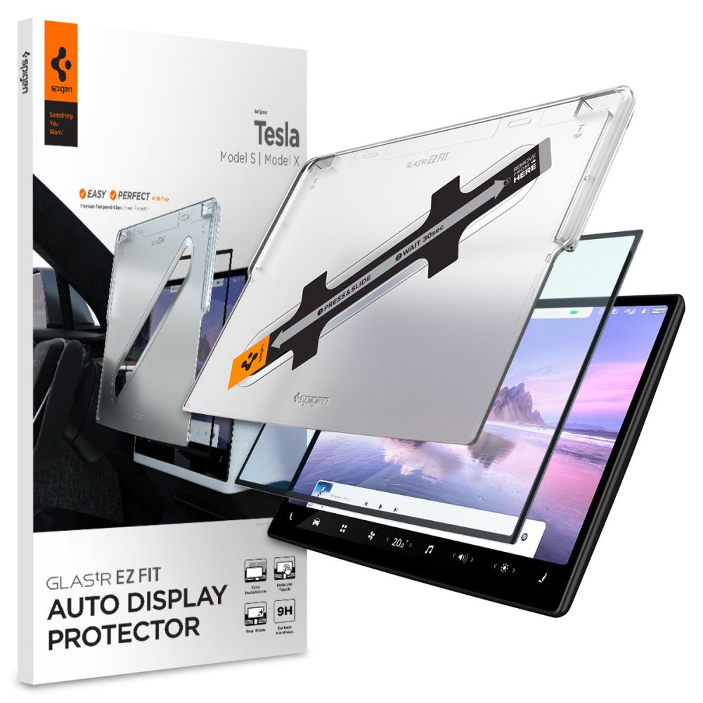 Folia ochronna Spigen GlastR EZ FIT do nawigacji Tesla X / S (2022 - 2021), Hartowane szkło, Czarne AGL04688