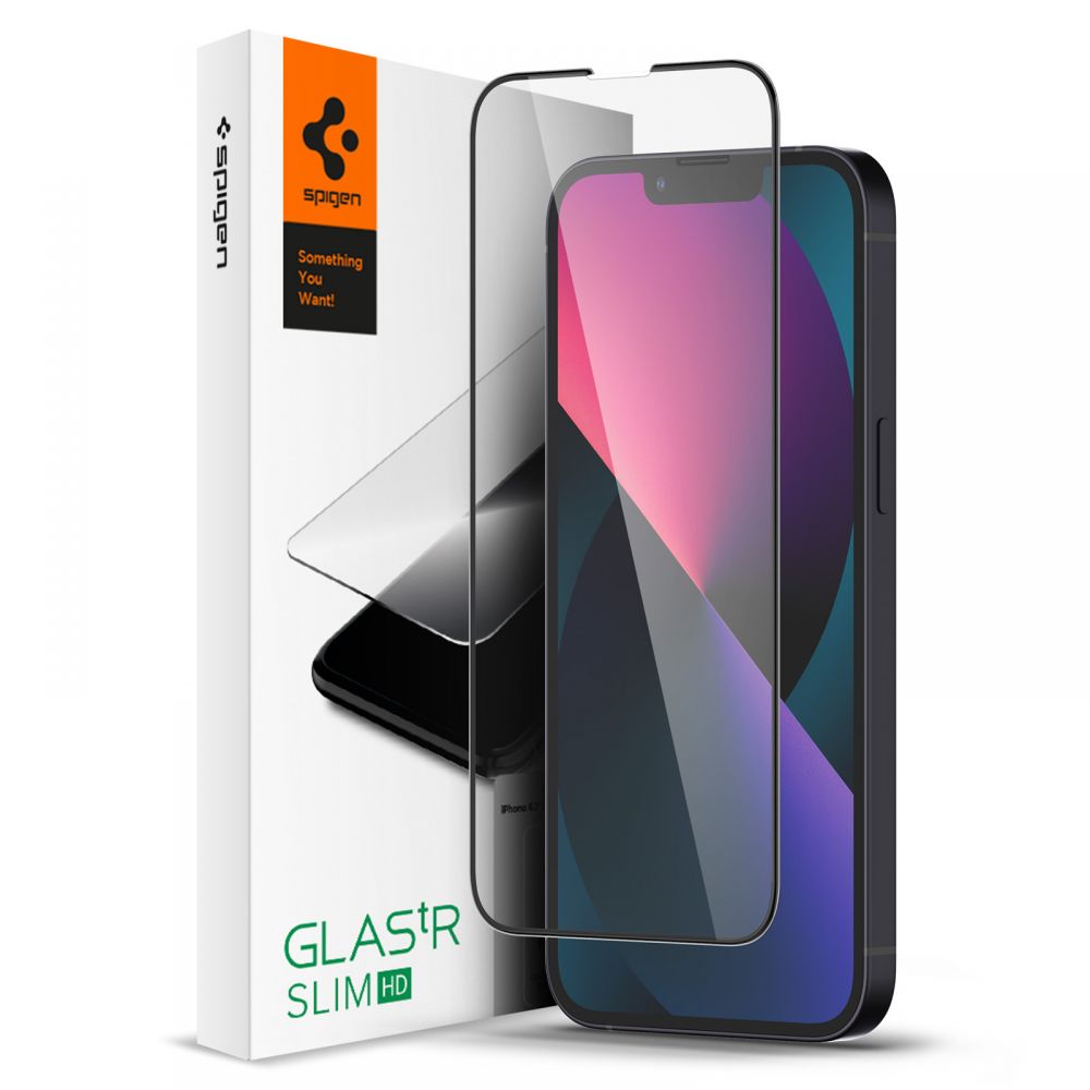 Folia ochronna na ekran Spigen GlastR Slim dla Apple iPhone 17e / 16e / 14 / 13 Pro, Hartowane szkło, Pełne klejenie, Czarna AGL03392