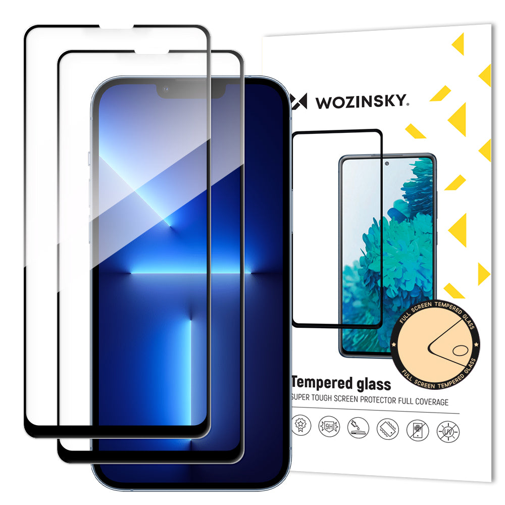 Folia ochronna na ekran WZK dla Apple iPhone 17e / 16e / 14 / 13 Pro, Szkło Hartowane, Pełne Klejenie, Zestaw 2 sztuki, Czarna