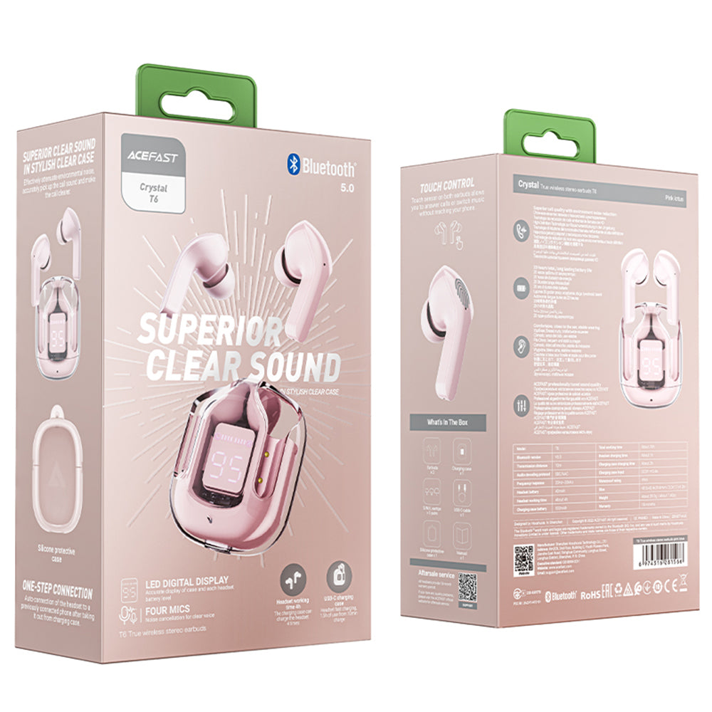 Handsfree Bluetooth Acefast T6, TWS, Różowy