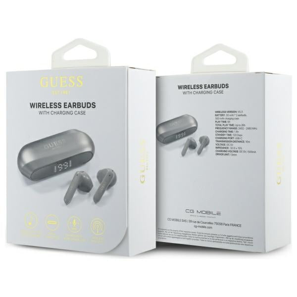 Słuchawki Bluetooth Guess z wydłużonym metalicznym logo, TWS, Szare