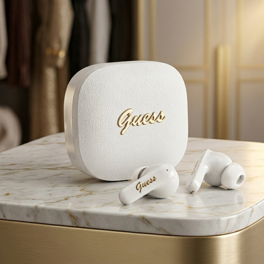 Handsfree Bluetooth Guess Script Metal Logo, TWS, Biały