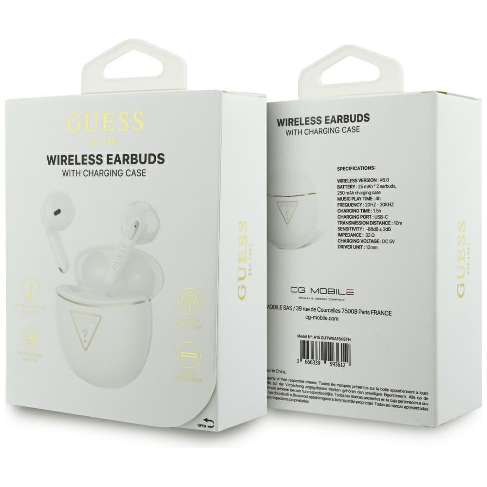 Bezprzewodowy zestaw słuchawkowy Bluetooth Guess Script Print, TWS, Biały