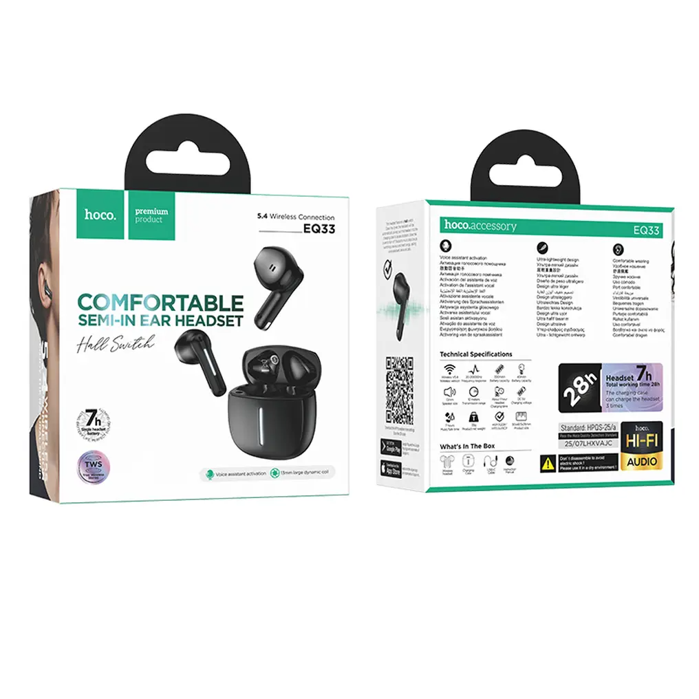 Zestaw słuchawkowy Bluetooth HOCO EQ33, TWS, Czarny