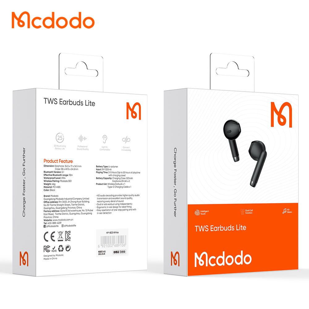 Handsfree Bluetooth McDodo HP-8031 B01, TWS, Czarny