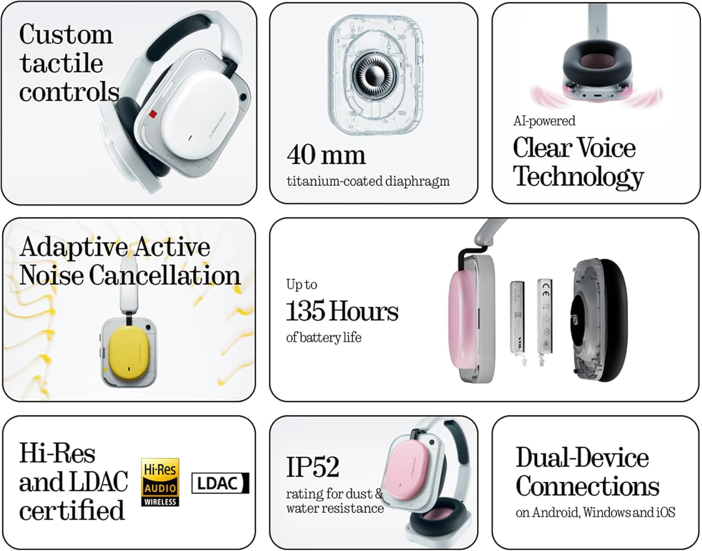 Handsfree Bluetooth Nothing Headphone (a), MultiPoint, A2DP, ANC, Różowy
