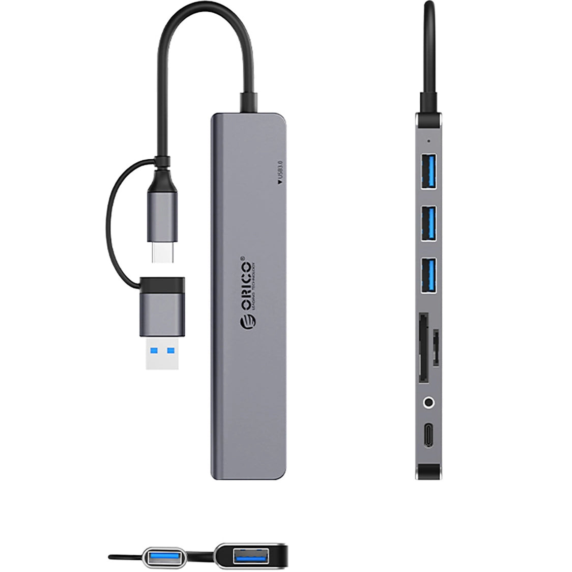 Hub USB / USB-C Orico YSA8-U3, 1 x USB-A 3.0 - 3 x USB-A - 1 x USB-C - 1 x Jack 3.5mm - 1 x SD - 1 x microSD, Czarny