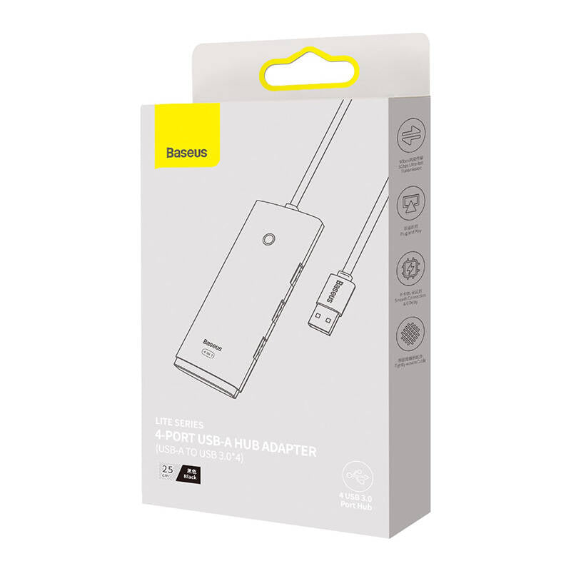 Koncentrator USB Baseus Lite, 4 x USB-A 3.0 - 1 x USB-C, 0,25 m, czarny WKQXX030001
