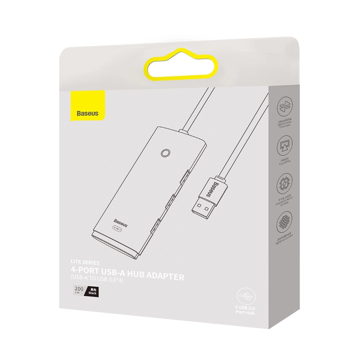 Hub USB Baseus Lite, 4 x USB-A 3.0 - 1 x USB-C, 2m, Czarny WKQX030201