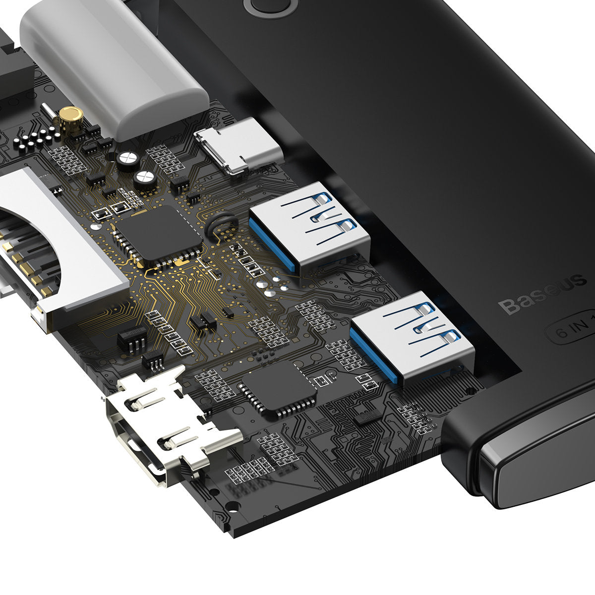 Baseus USB-C Hub, 2 x USB-A 3.0 - 1 x USB-C - 1 x HDMI - 1 x SD - 1 x microSD, Black WKQX050001