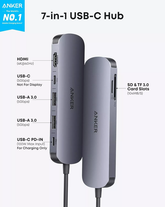 Hub USB-C Anker, 2 x USB-A 3.0 - 2 x USB-C - 1 x HDMI - 1 x SD - 1 x microSD, Szary A83D2HA1