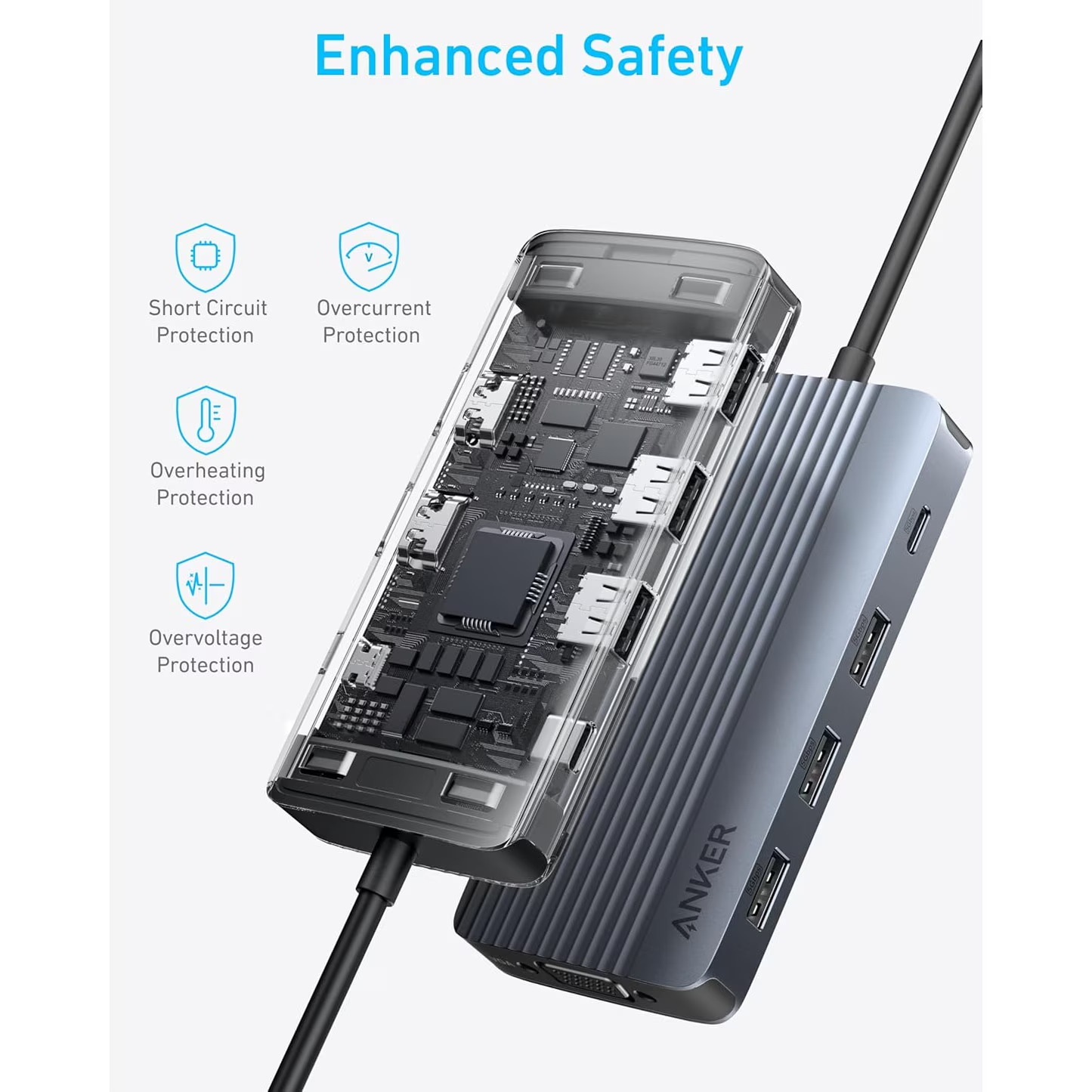 Hub USB-C Anker, 3 x USB-A 3.0 - 2 x USB-C - 2 x HDMI - 1 x VGA, Szary A83790A2