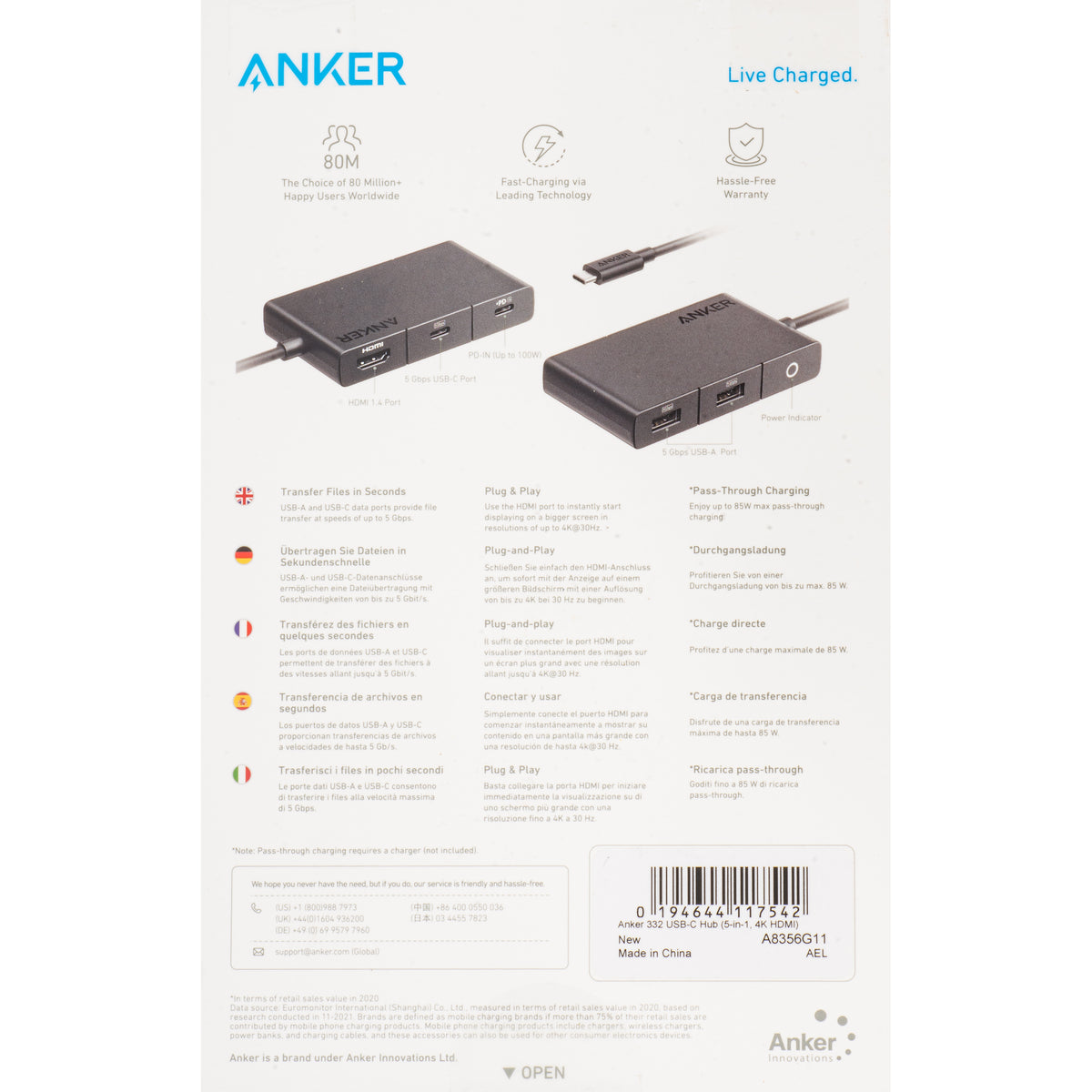 Hub USB-C Anker 332, 2 x USB-A - 2 x USB-C - 1 x HDMI, Czarny A8356G11