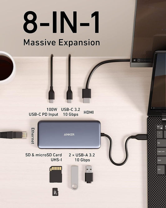Hub USB-C Anker 555, 2 x USB-A 3.2 - 2 x USB-C - 1 x HDMI - 1 x RJ45 - 1 x SD - 1 x microSD, Szary A83830A2