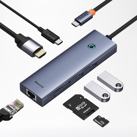 Hub USB-C Baseus UltraJoy, 2 x USB-A 3.0 - 1 x USB-C - 1 x HDMI - 1 x RJ45 - 1 x SD - 1 x microSD, Szary B00052805813-00
