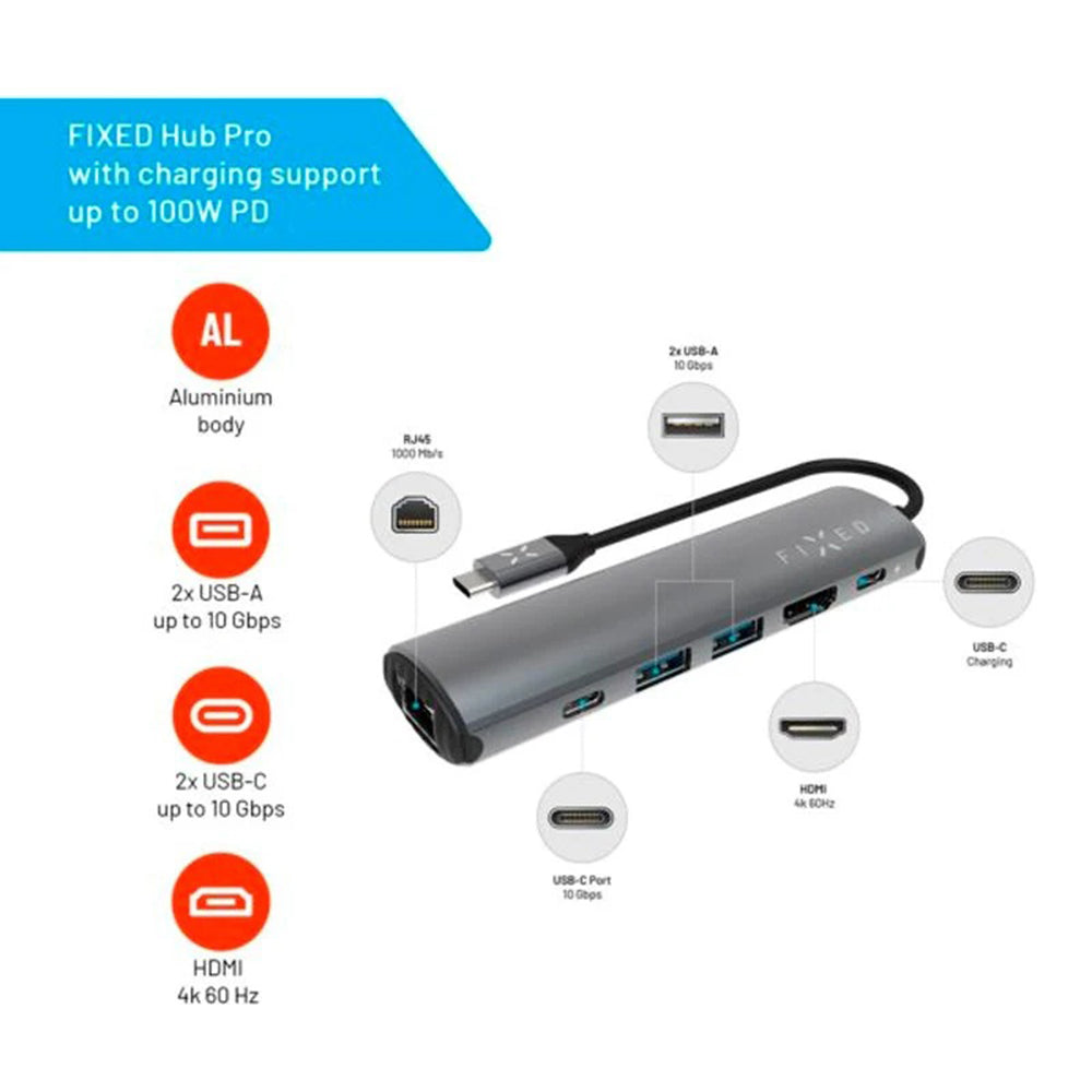 Hub USB-C Fixed Pro, 6w1, Szary