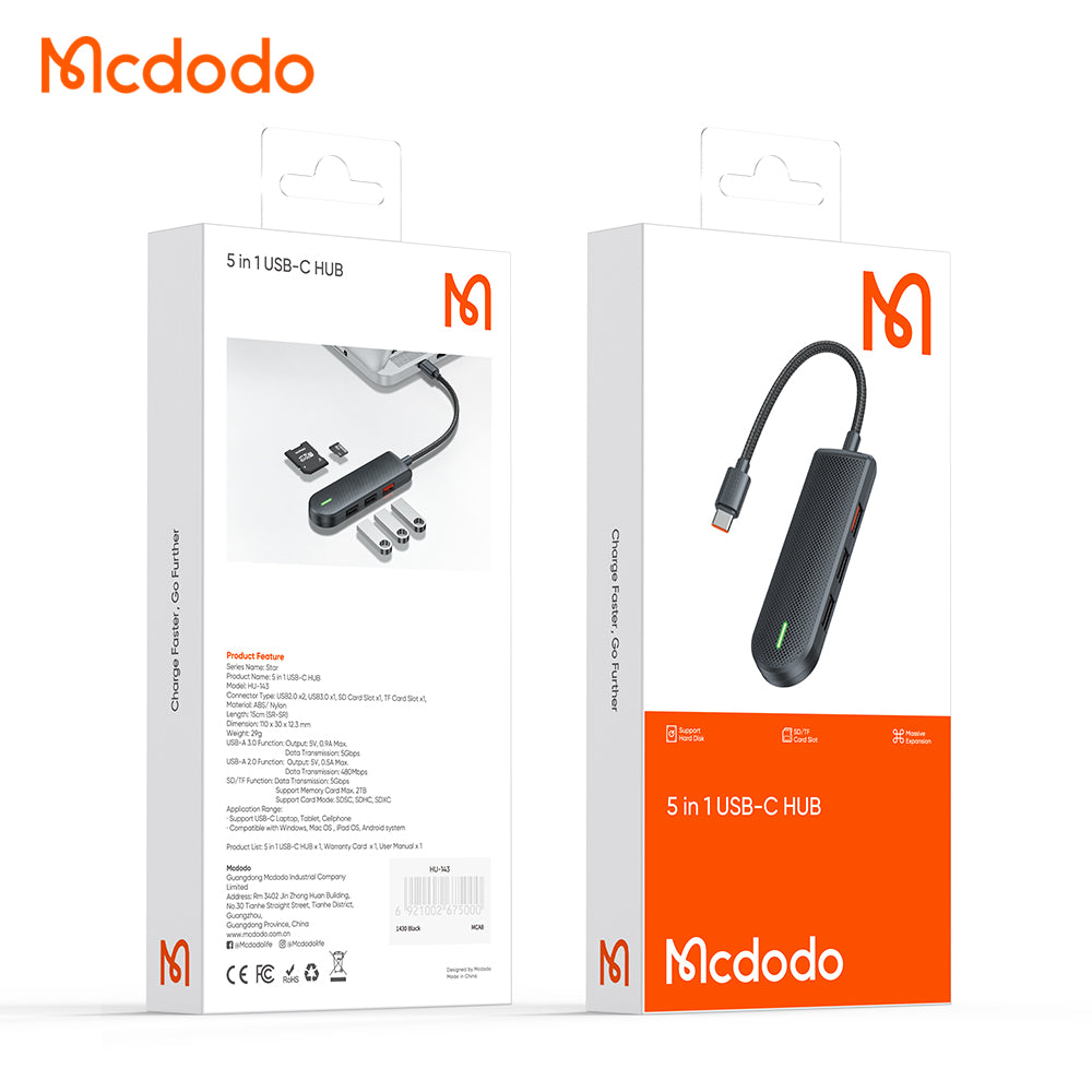 Hub USB-C McDodo HU-1430 Star, 5w1, Czarny