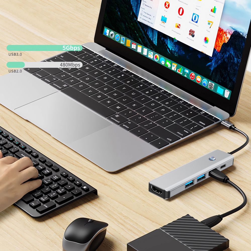Hub USB-C Tech-Protect HB01, 1 x USB-A 3.0 - 2 x USB-A - 1 x USB-C - 1 x HDMI, Szary