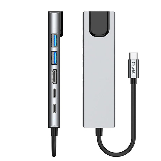 Hub USB-C Tech-Protect HB02, 1 x USB-A 3.0 - 1 x USB-A - 2 x USB-C - 1 x HDMI - 1 x RJ45, Szary